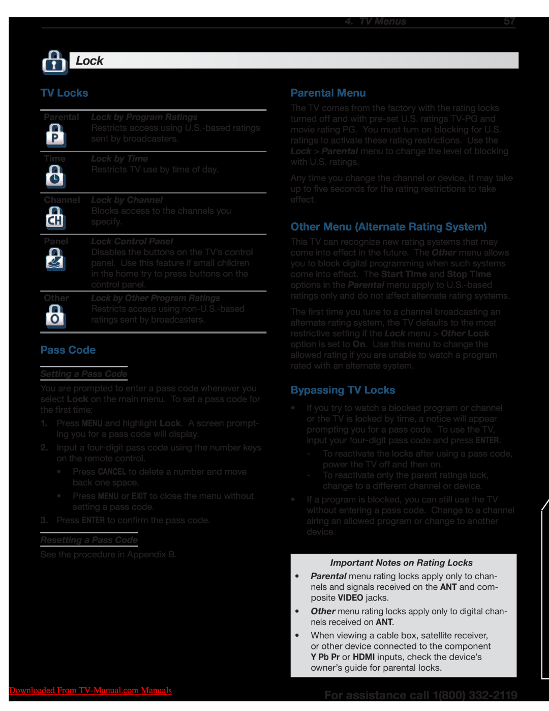 Unisen 154 Series manual Pass Code, Parental Menu, Other Menu Alternate Rating System, Bypassing TV Locks, TV Menus 