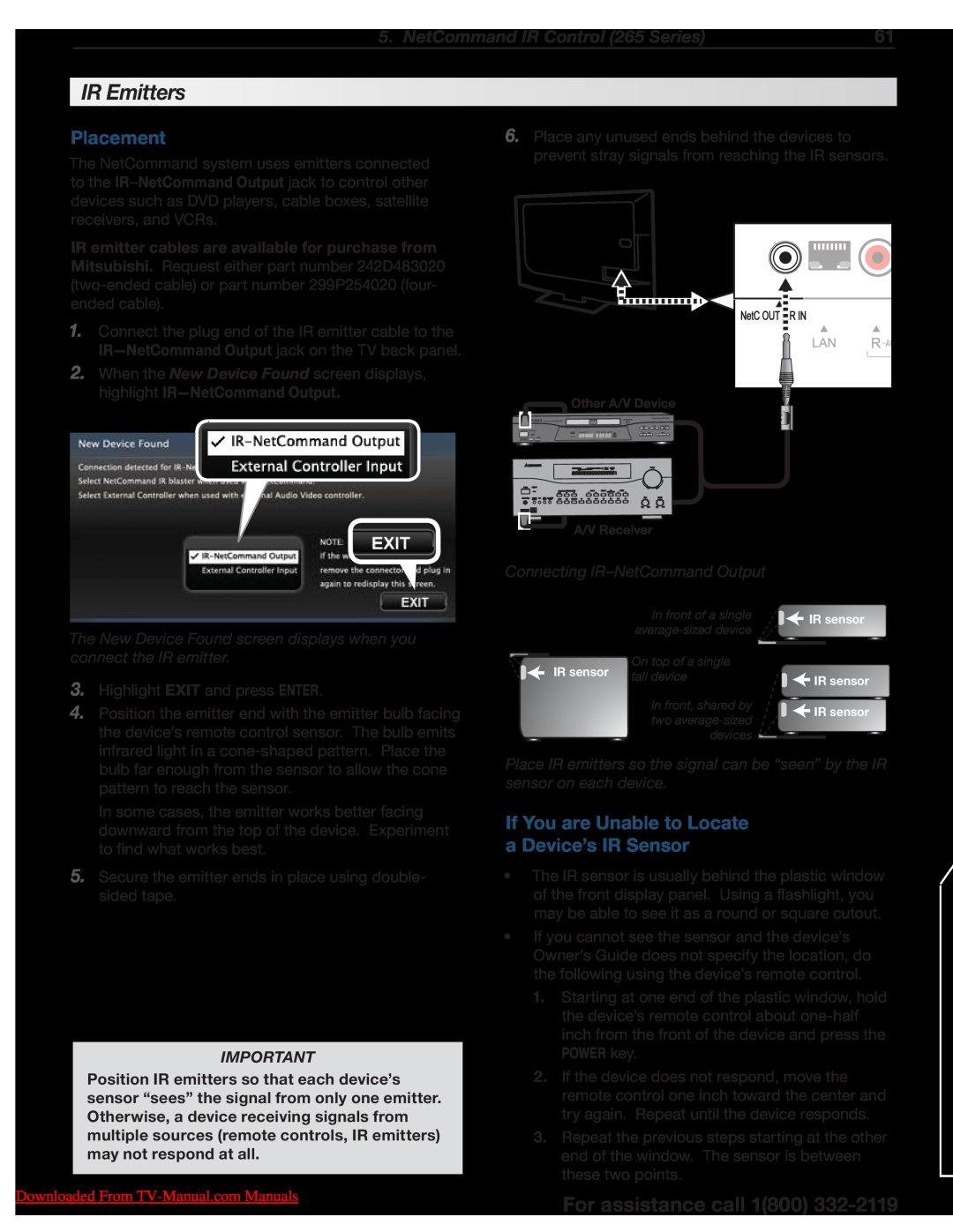 Unisen 164 Series IR Emitters, Placement, If You are Unable to Locate a Device’s IR Sensor, highlight IR-NetCommand Output 