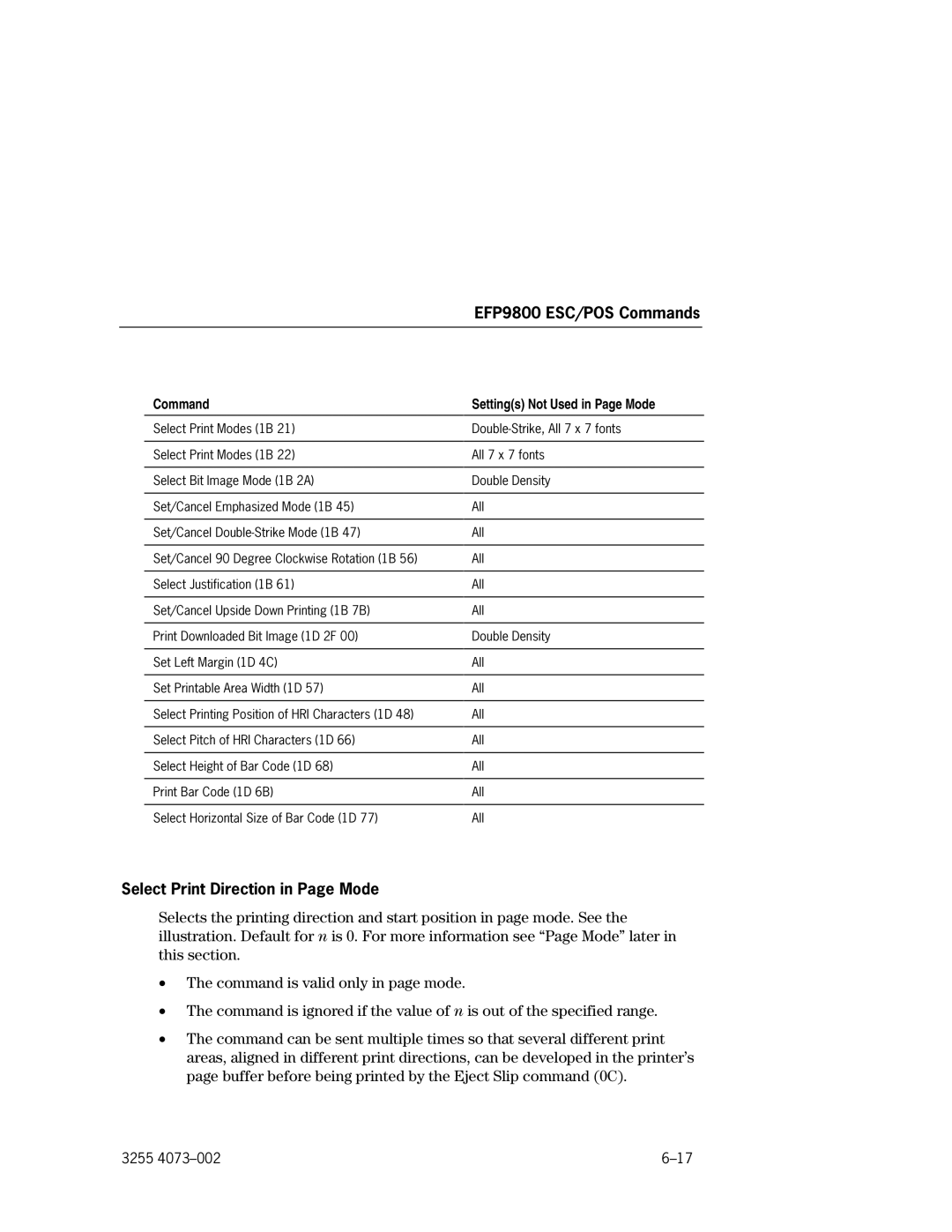 Unisys EFP9800 manual Select Print Direction in Page Mode, Command, Settings Not Used in Page Mode 