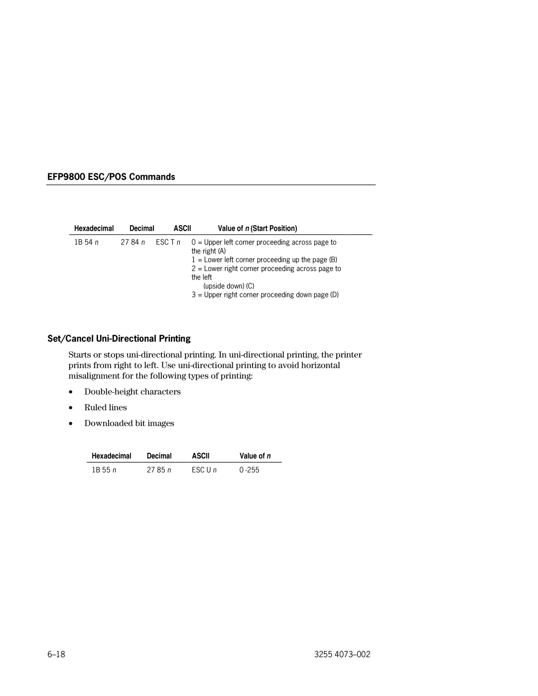 Unisys EFP9800 manual Set/Cancel Uni-Directional Printing, Value of n Start Position 