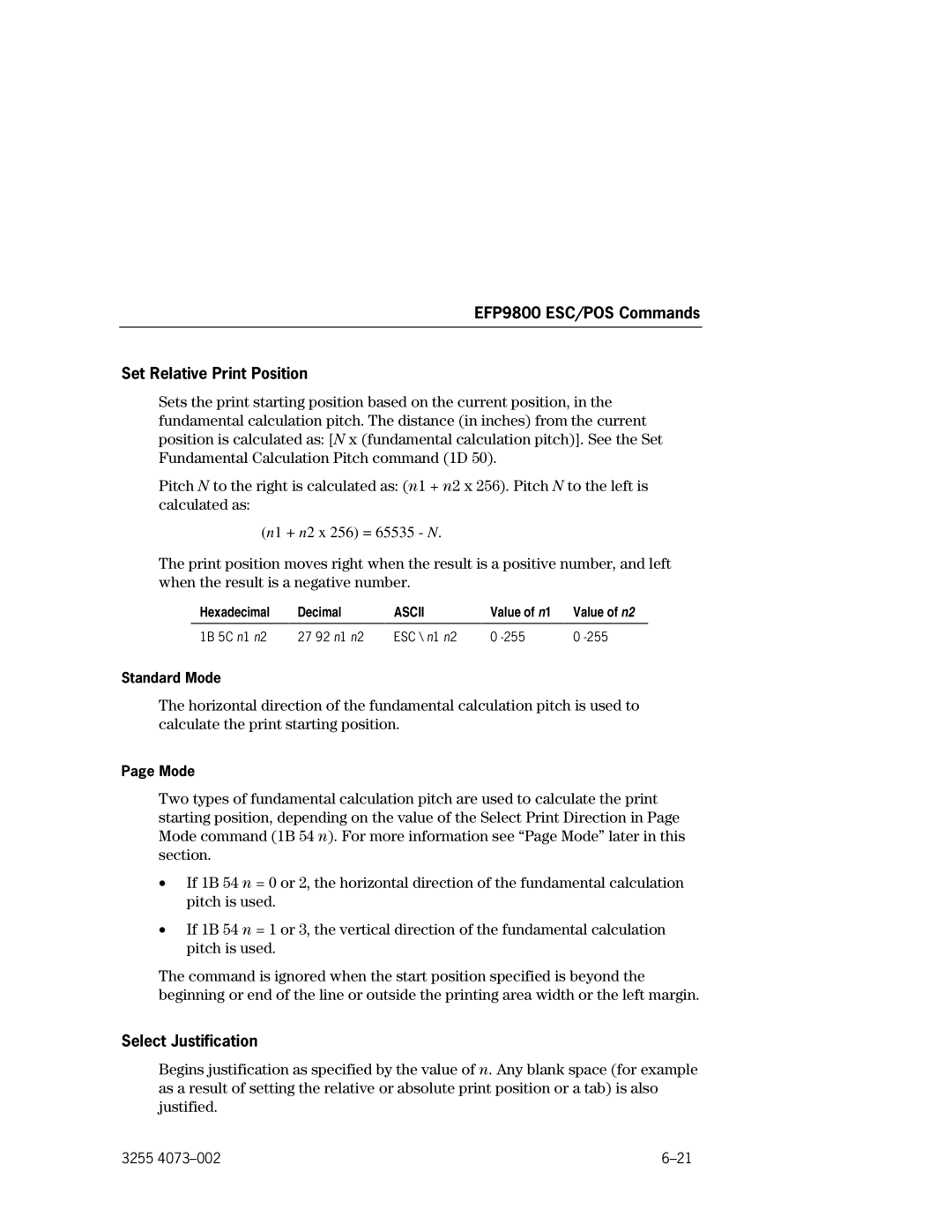 Unisys manual EFP9800 ESC/POS Commands Set Relative Print Position, Select Justification 