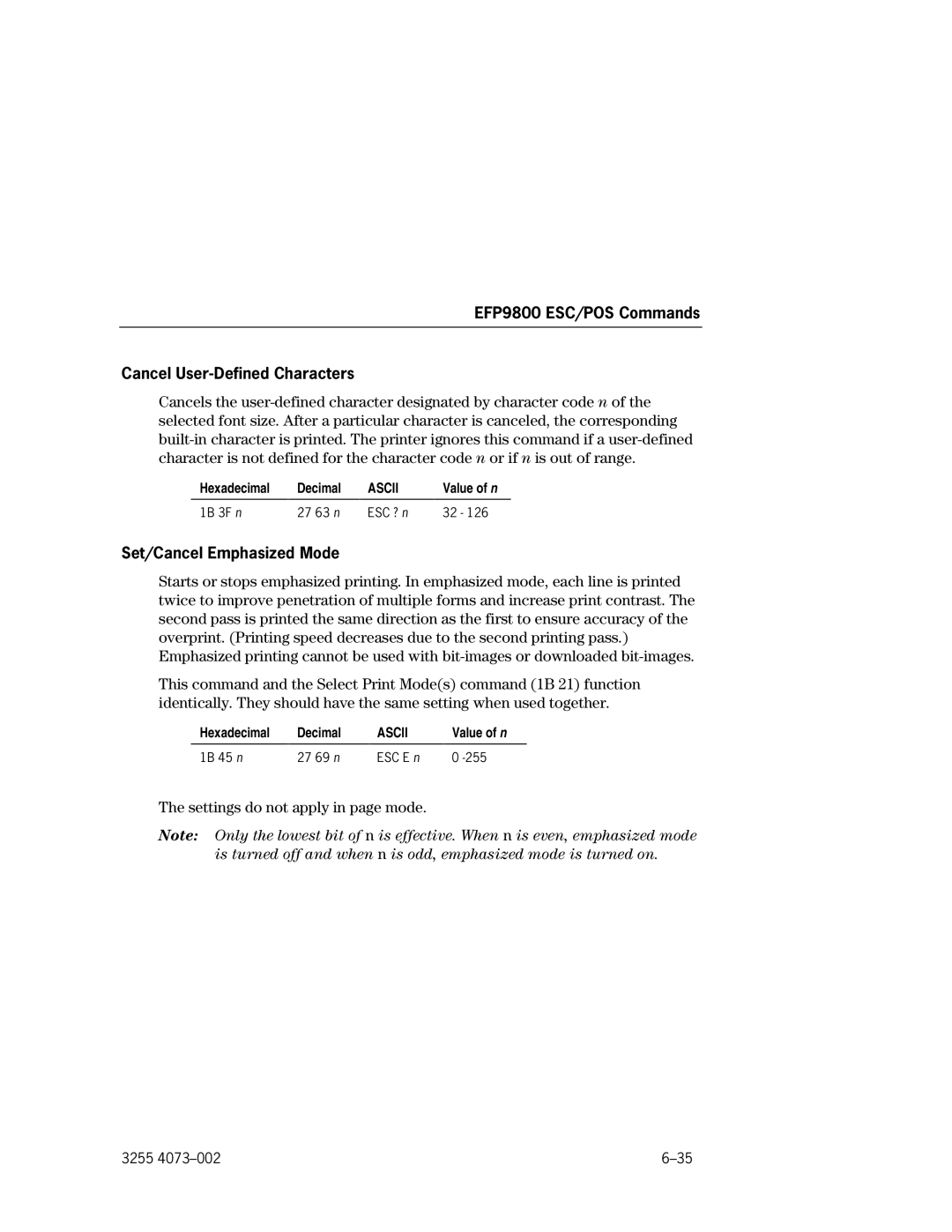 Unisys manual EFP9800 ESC/POS Commands Cancel User-Defined Characters, Set/Cancel Emphasized Mode 