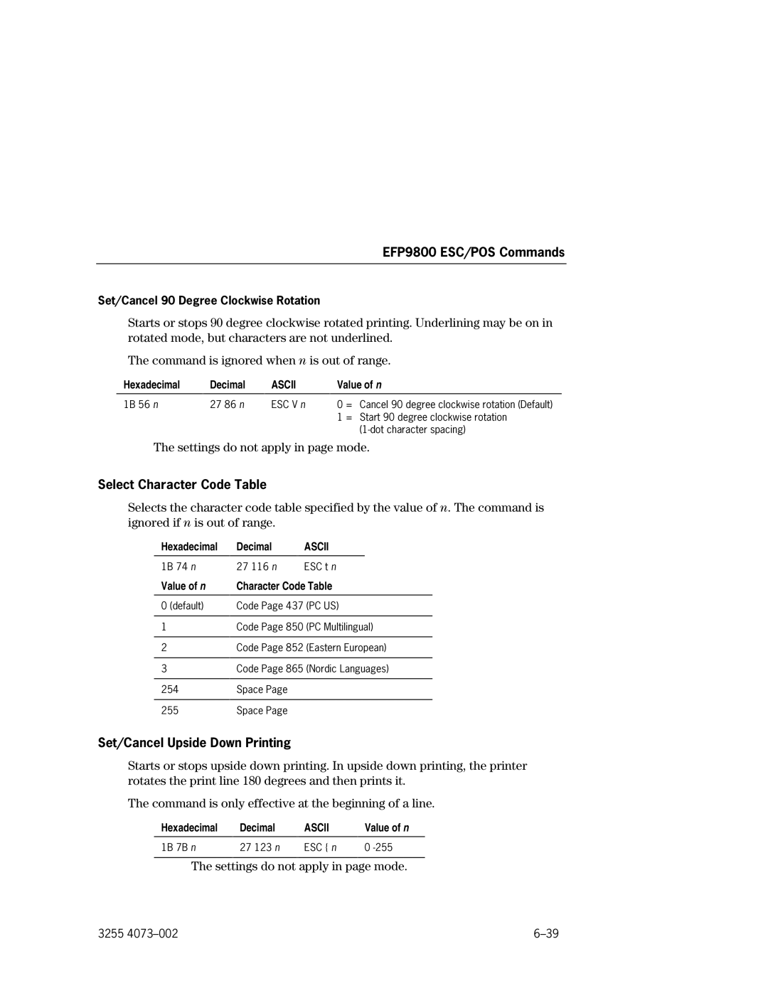 Unisys EFP9800 manual Select Character Code Table, Set/Cancel Upside Down Printing, Hexadecimal, Decimal Ascii 