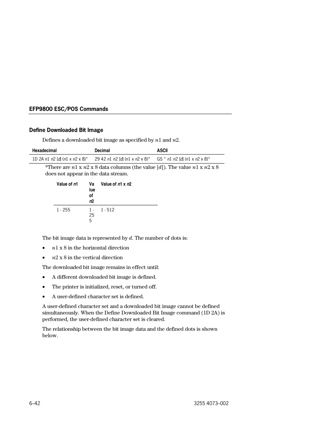 Unisys manual EFP9800 ESC/POS Commands Define Downloaded Bit Image, Value of n1 Va Value of n1 x n2 Lue 