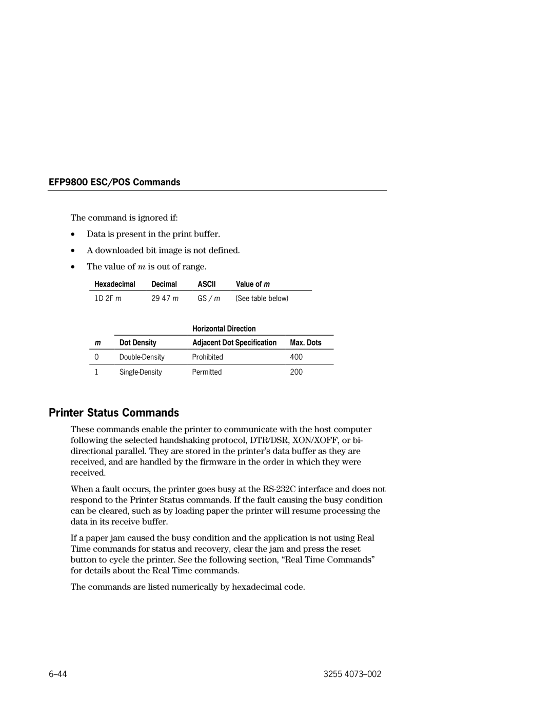 Unisys EFP9800 manual Printer Status Commands, Horizontal Direction Dot Density, Max. Dots 