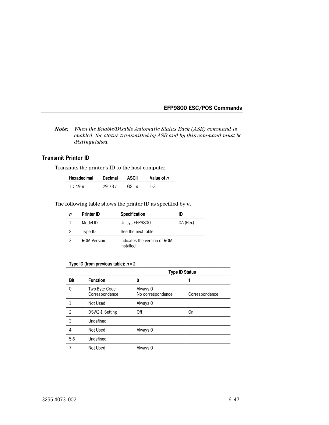 Unisys manual EFP9800 ESC/POS Commands Transmit Printer ID, Printer ID Specification 