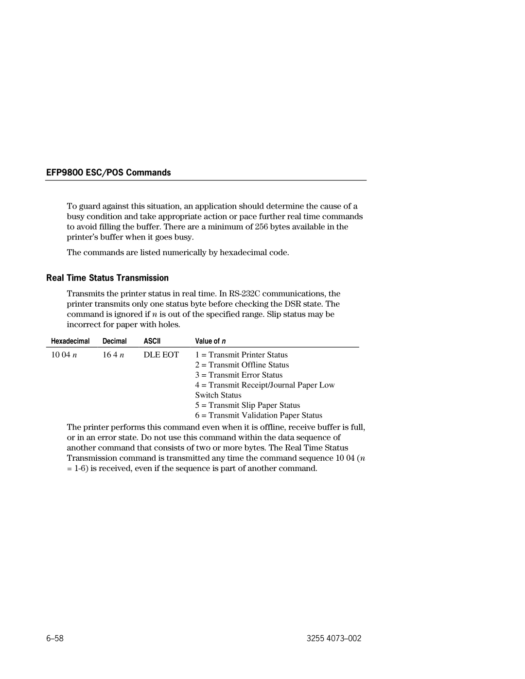 Unisys EFP9800 manual Real Time Status Transmission, Dle Eot 