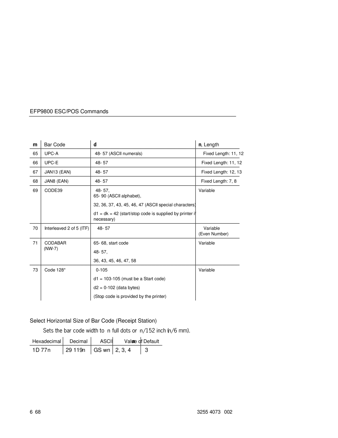 Unisys EFP9800 manual Select Horizontal Size of Bar Code Receipt Station, Codabar NW-7 