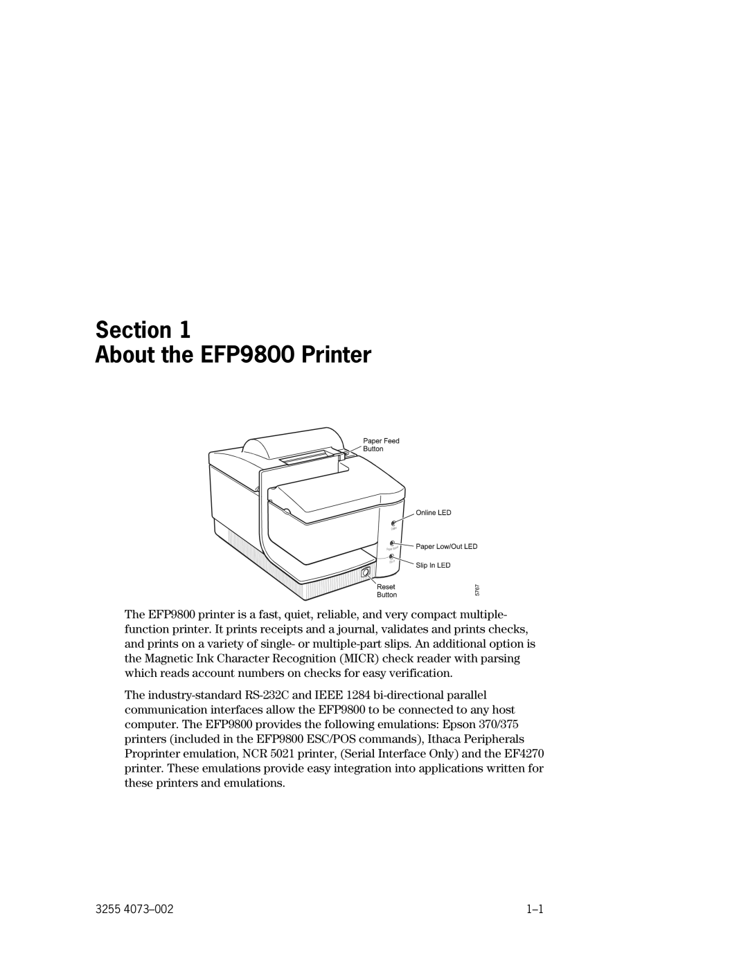 Unisys manual Section About the EFP9800 Printer 