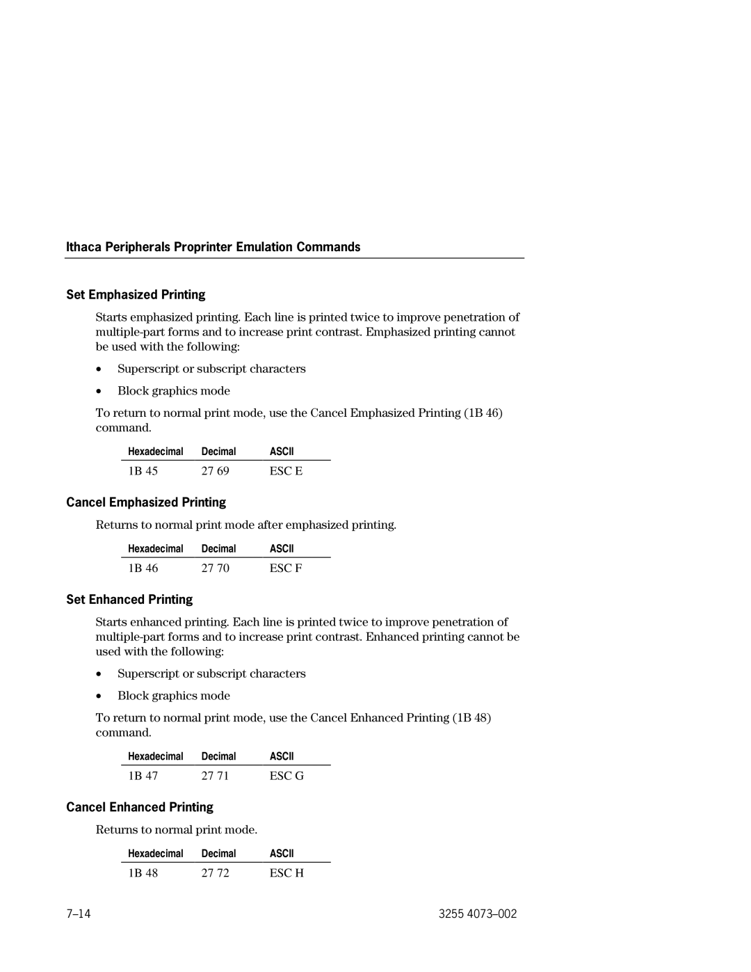 Unisys EFP9800 manual Cancel Emphasized Printing, Set Enhanced Printing, Cancel Enhanced Printing 