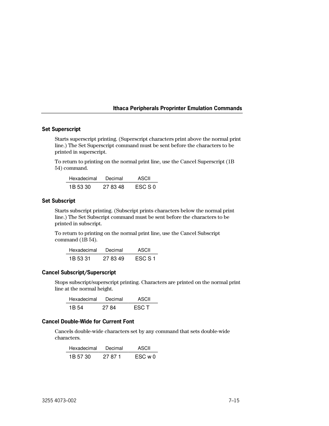 Unisys EFP9800 manual Set Subscript, Cancel Subscript/Superscript, Cancel Double-Wide for Current Font 