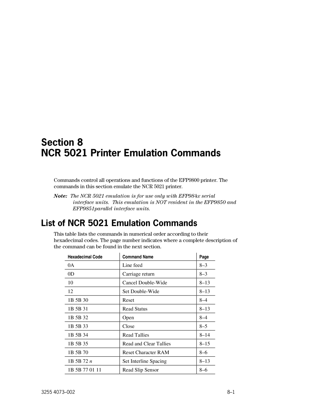 Unisys EFP9800 manual List of NCR 5021 Emulation Commands, Hexadecimal Code 