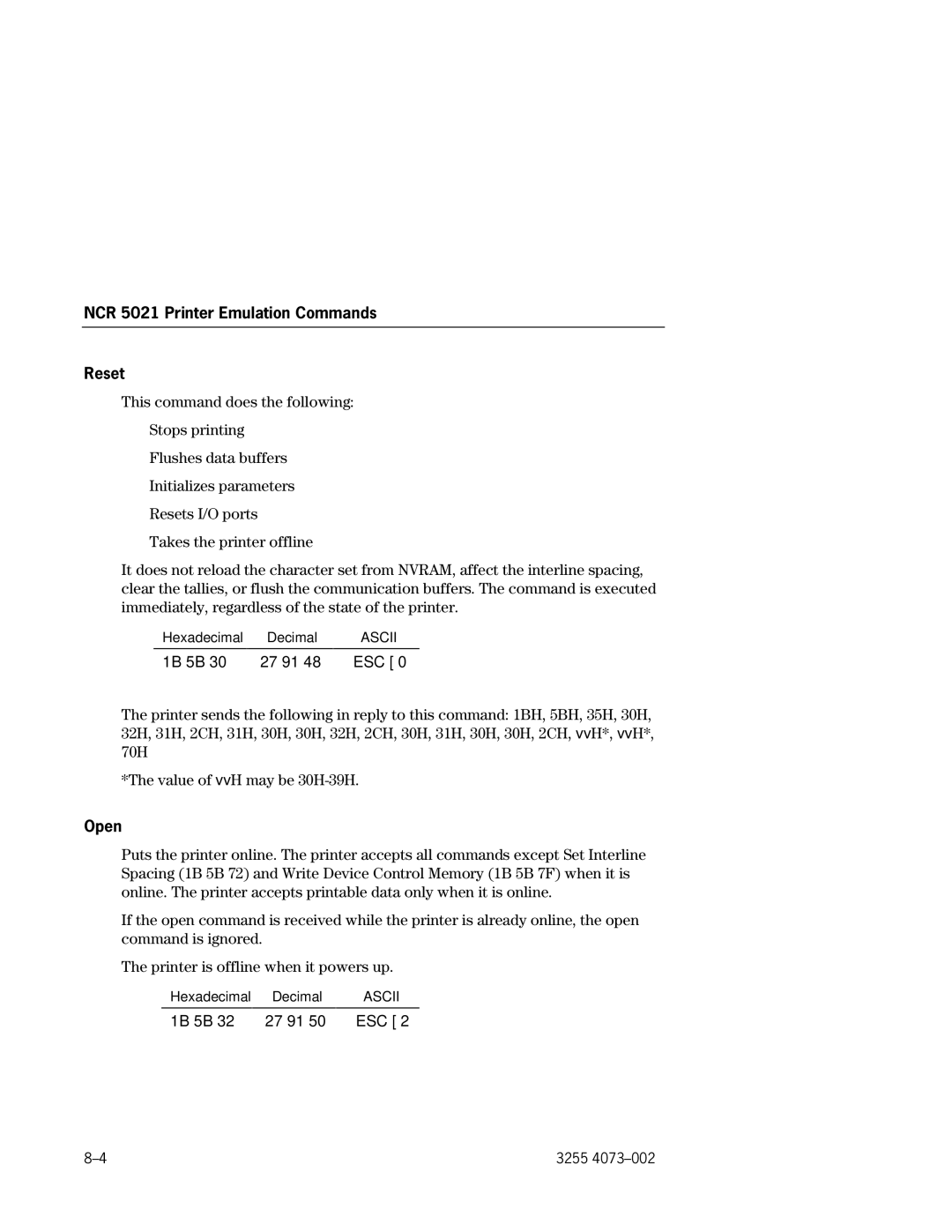 Unisys EFP9800 manual NCR 5021 Printer Emulation Commands Reset, Open 