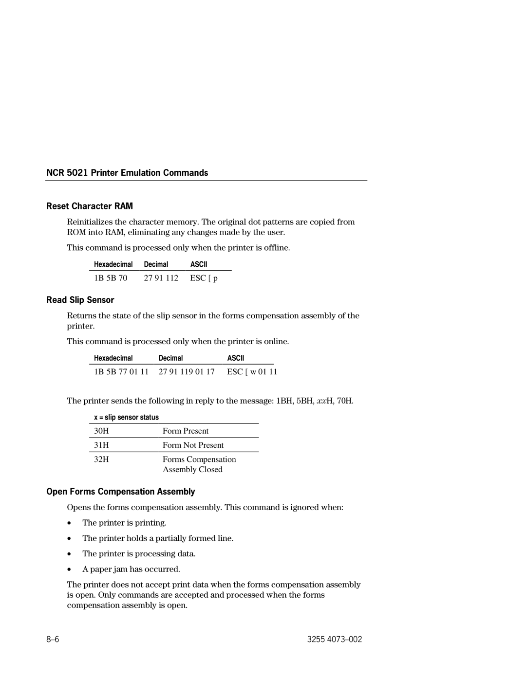 Unisys EFP9800 NCR 5021 Printer Emulation Commands Reset Character RAM, Read Slip Sensor, Open Forms Compensation Assembly 