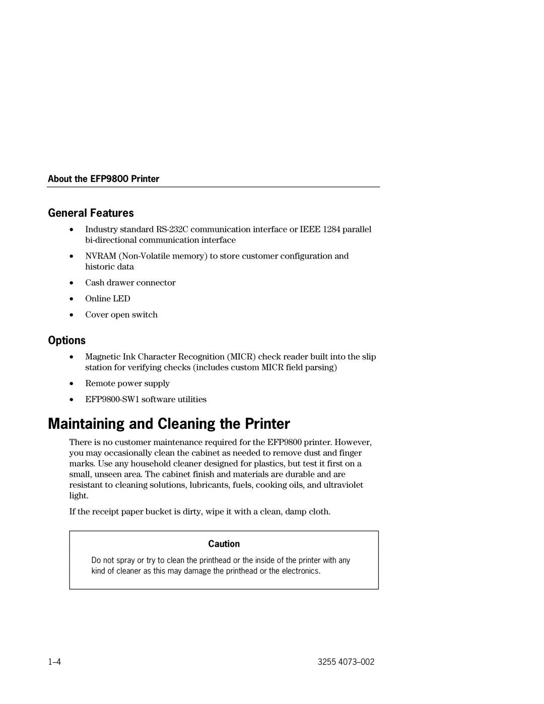 Unisys EFP9800 manual Maintaining and Cleaning the Printer, General Features, Options 