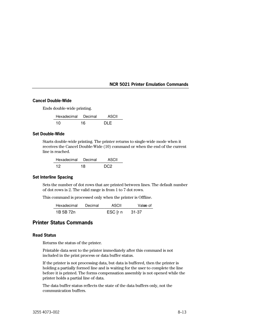 Unisys EFP9800 NCR 5021 Printer Emulation Commands Cancel Double-Wide, Set Double-Wide, Set Interline Spacing, Read Status 