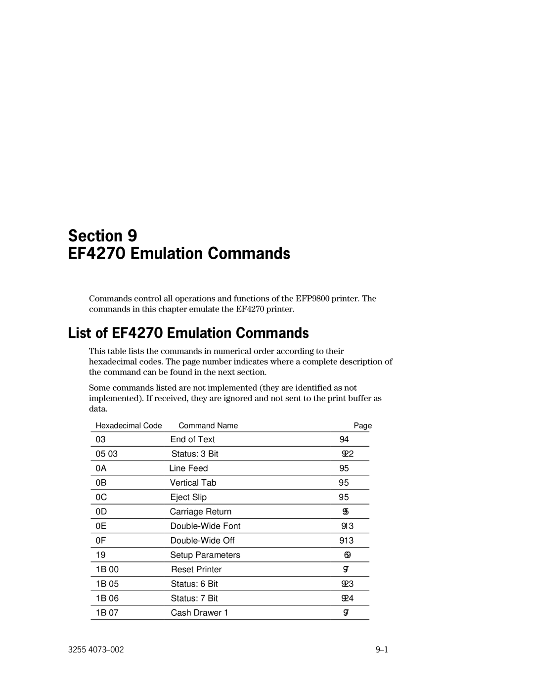 Unisys EFP9800 manual Section EF4270 Emulation Commands, List of EF4270 Emulation Commands 