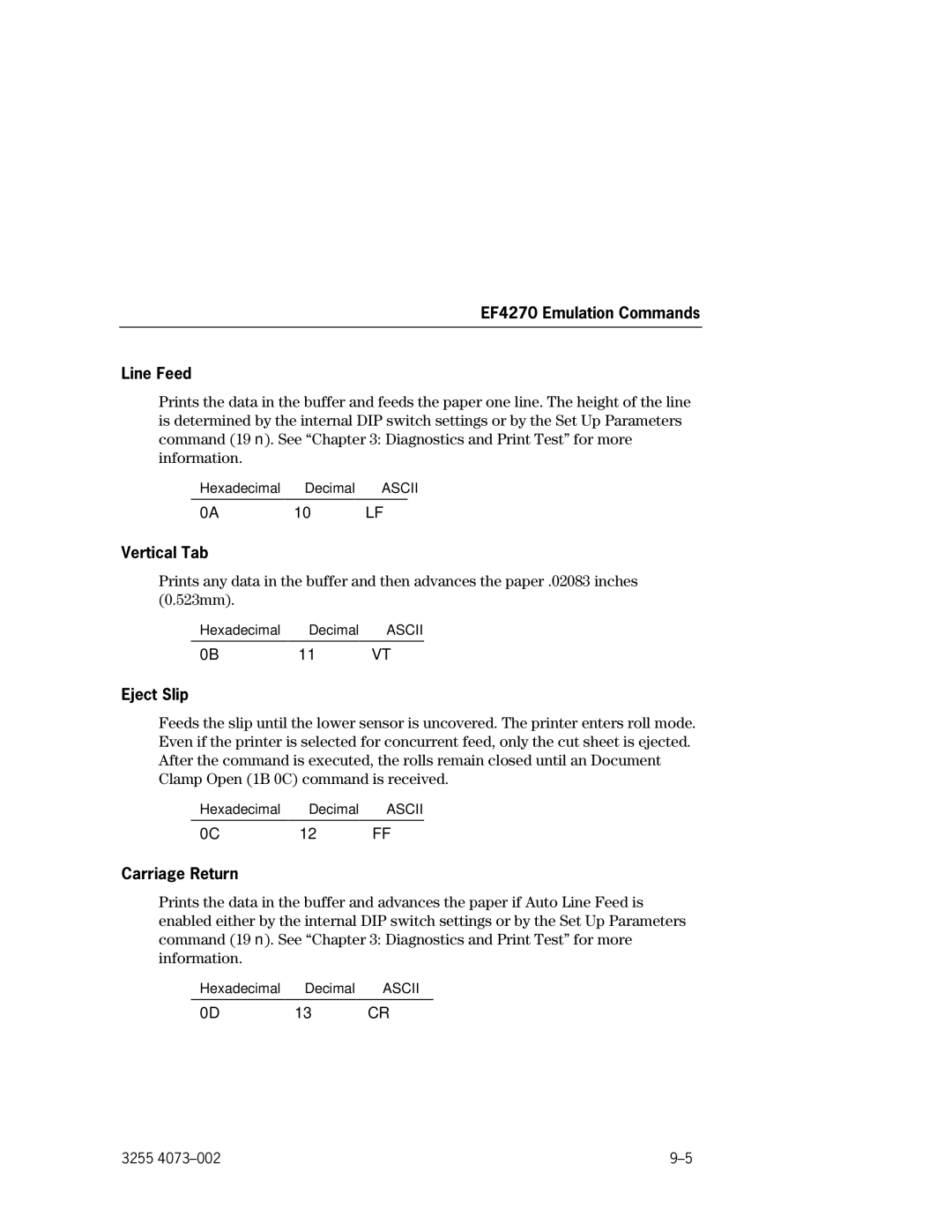 Unisys EFP9800 manual EF4270 Emulation Commands Line Feed, Vertical Tab 