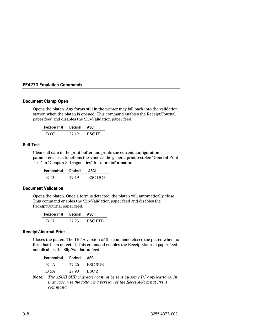 Unisys EFP9800 manual EF4270 Emulation Commands Document Clamp Open, Self Test, Document Validation, Receipt/Journal Print 