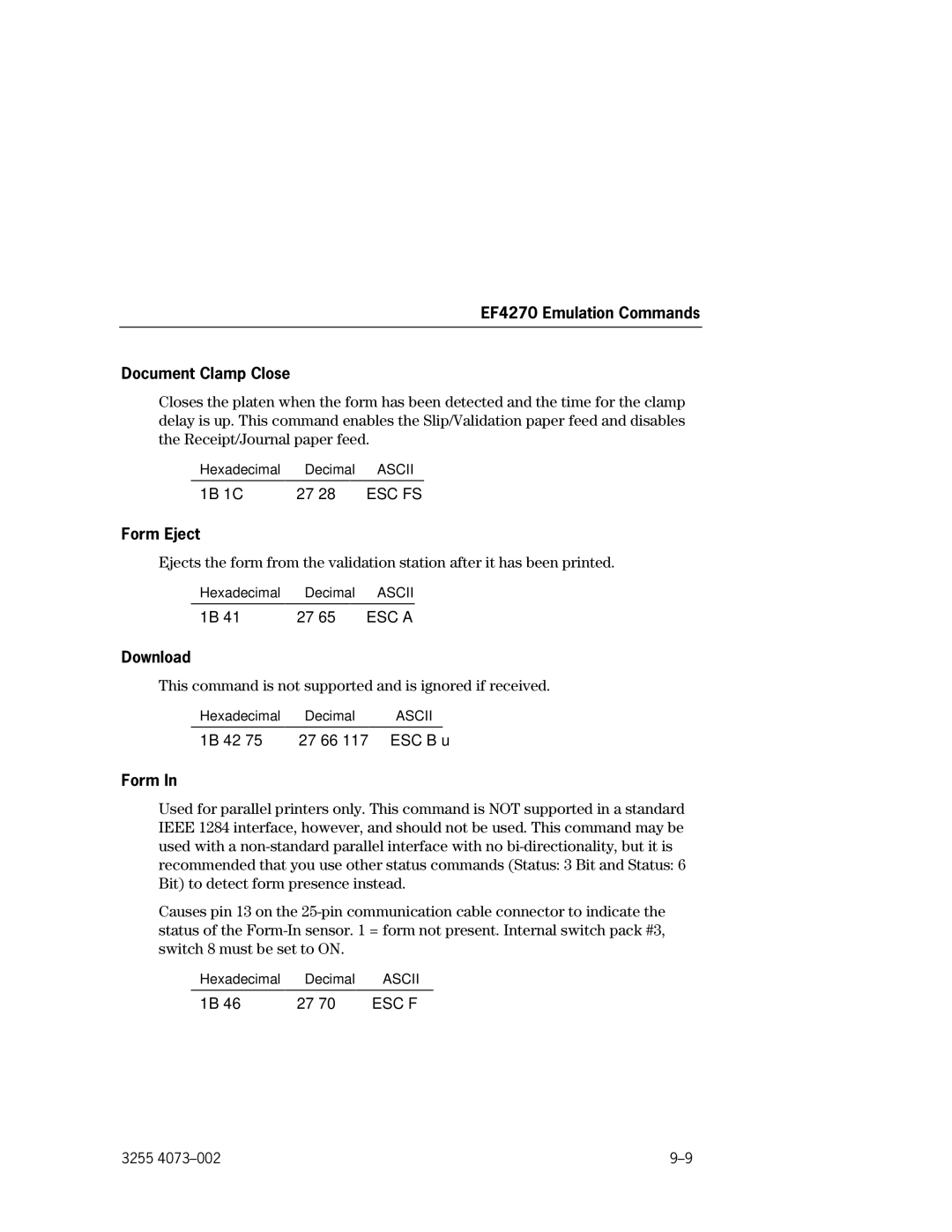 Unisys EFP9800 manual EF4270 Emulation Commands Document Clamp Close, Form Eject, Download 