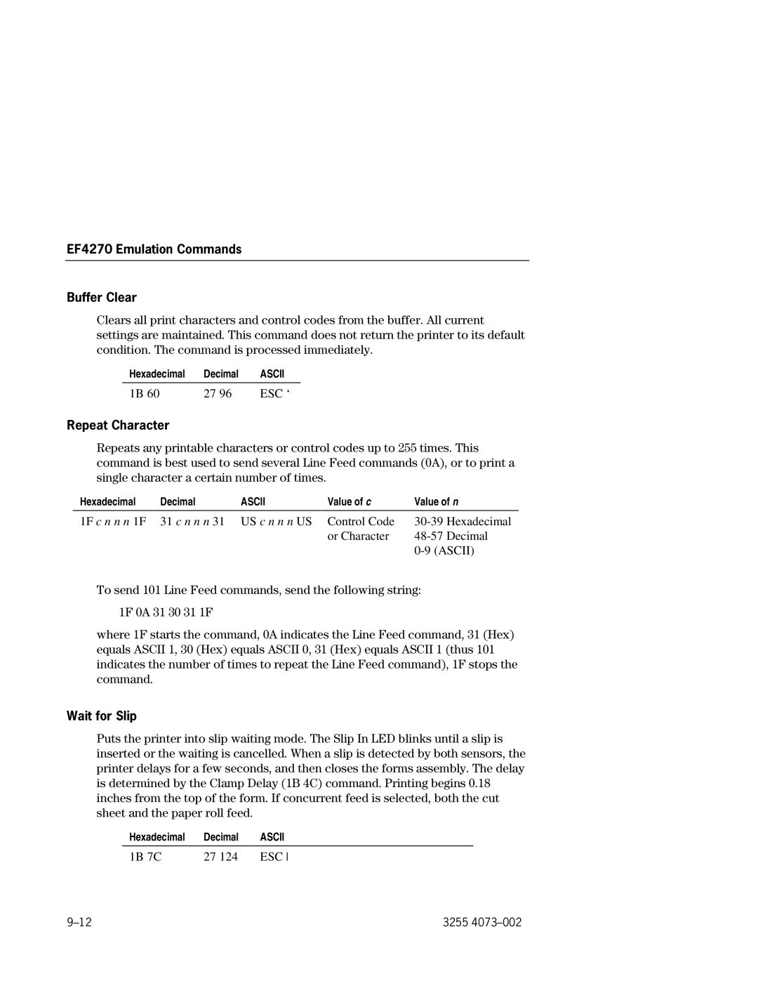 Unisys EFP9800 manual EF4270 Emulation Commands Buffer Clear, Repeat Character, Wait for Slip, Value of c Value of n 