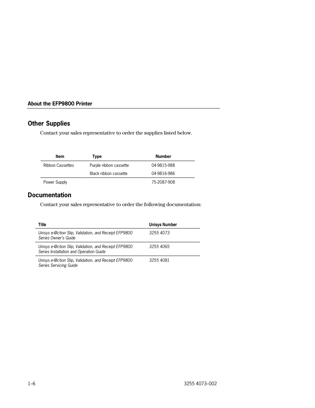 Unisys EFP9800 manual Other Supplies, Documentation, Title, Unisys Number 