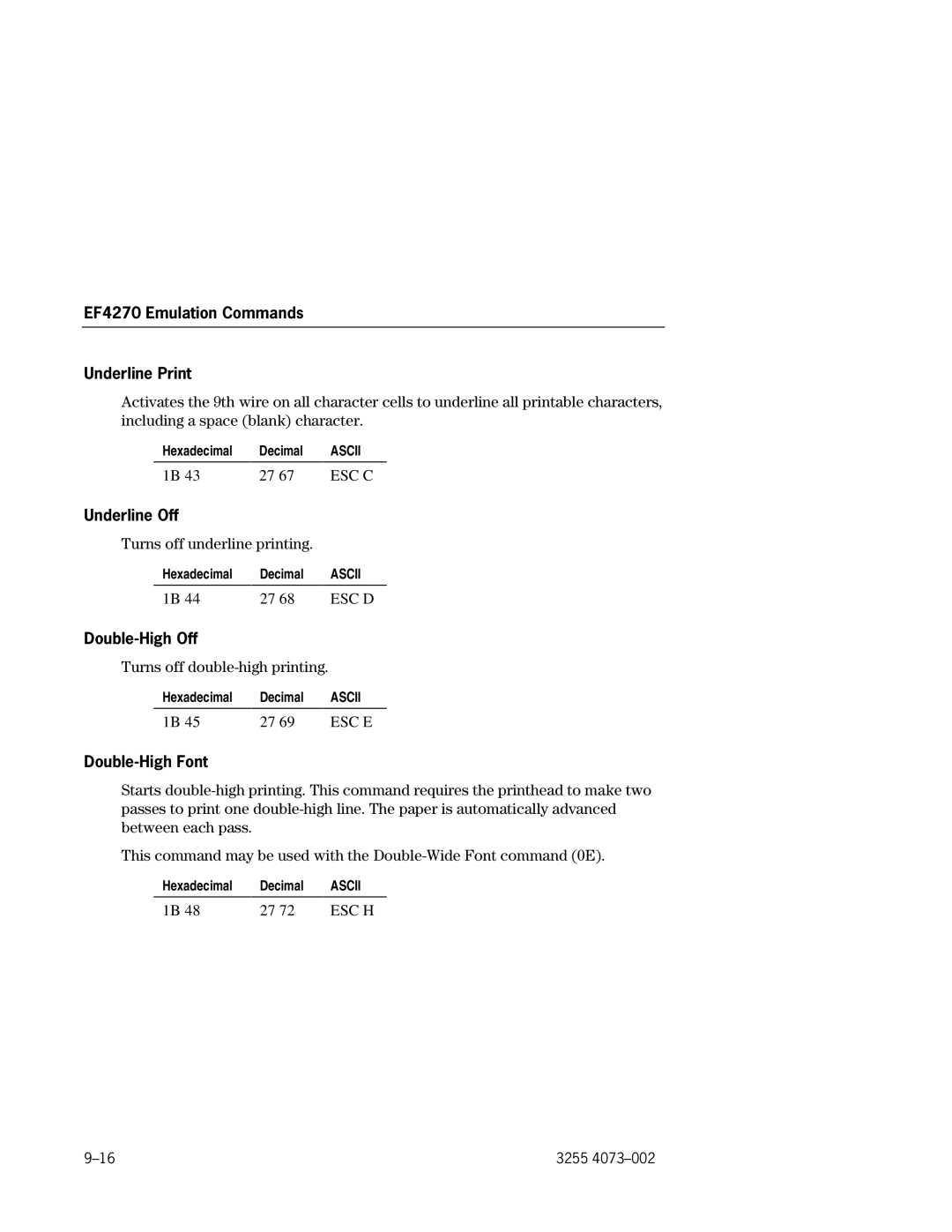 Unisys EFP9800 manual EF4270 Emulation Commands Underline Print, Underline Off, Double-High Off, Double-High Font 