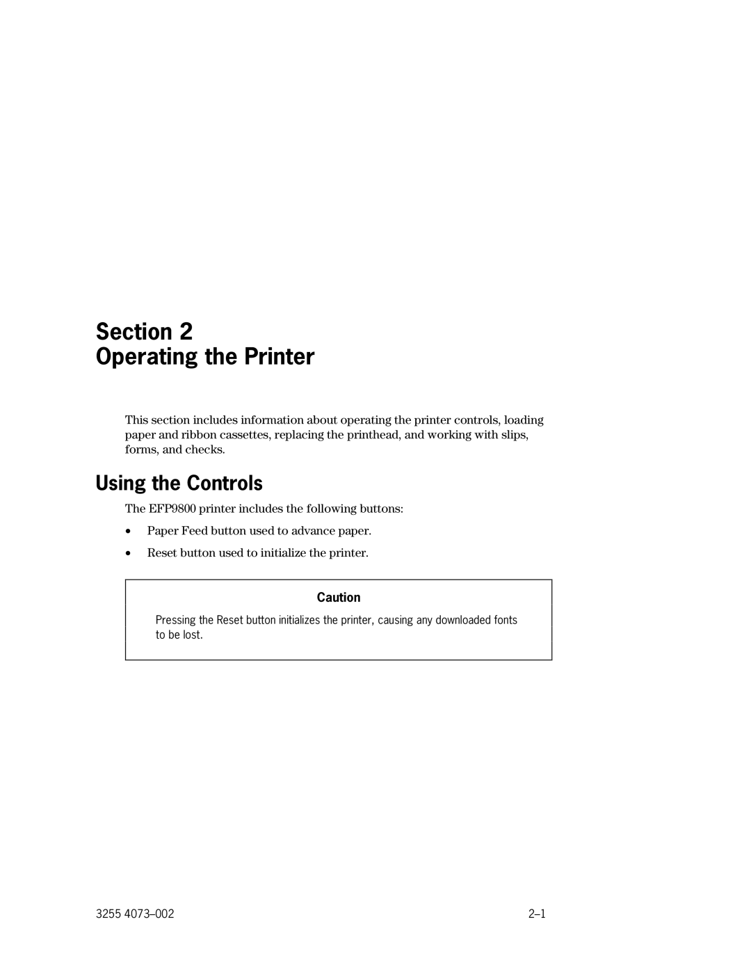 Unisys EFP9800 manual Section Operating the Printer, Using the Controls 