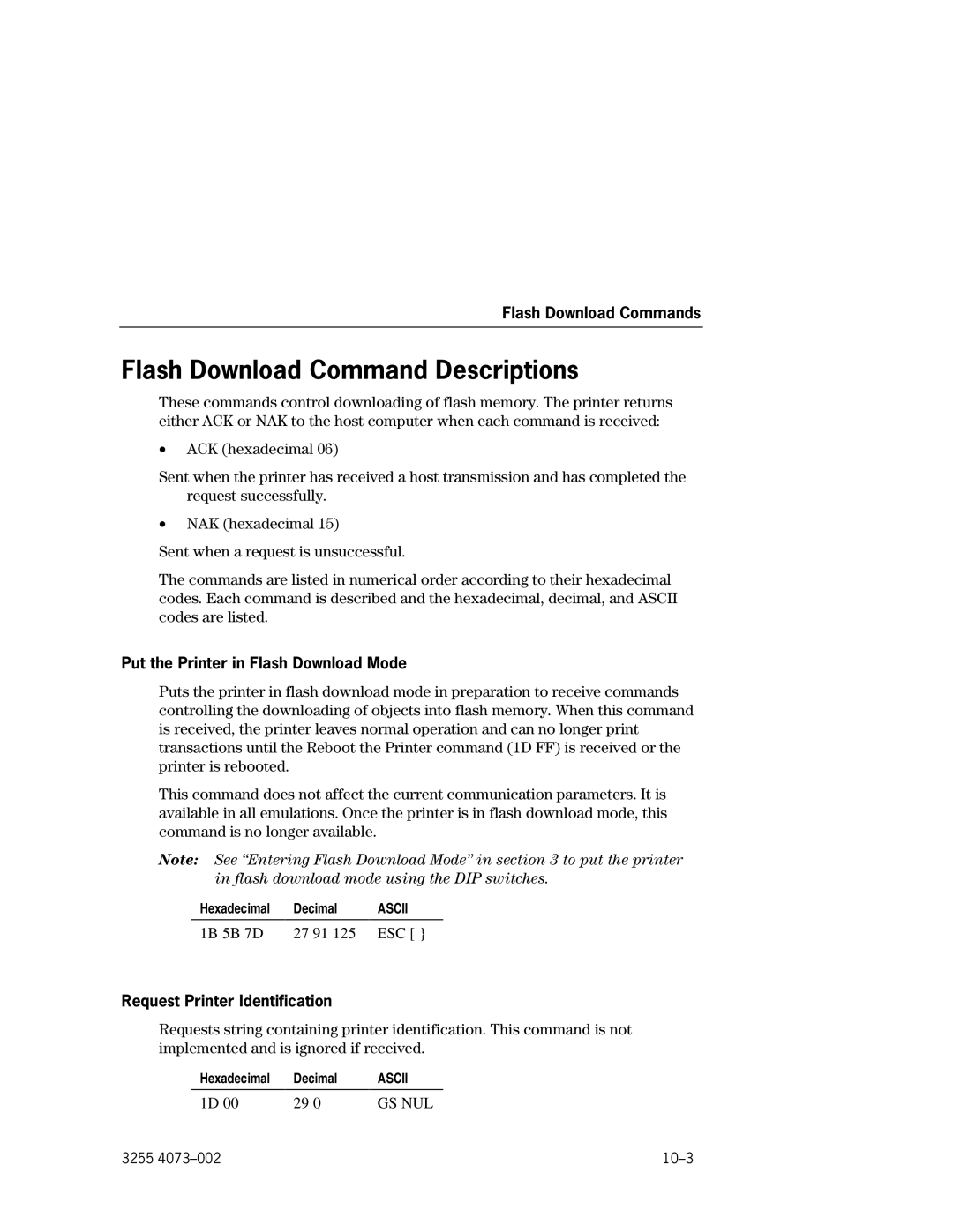 Unisys EFP9800 Flash Download Command Descriptions, Put the Printer in Flash Download Mode, Request Printer Identification 