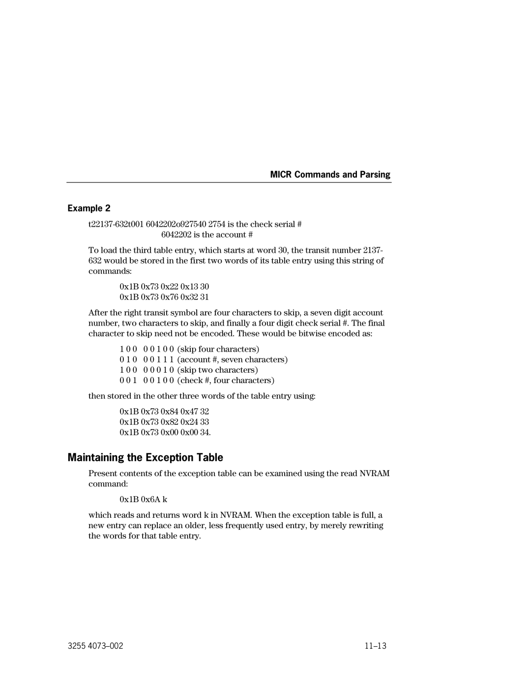 Unisys EFP9800 manual Maintaining the Exception Table, Micr Commands and Parsing Example 