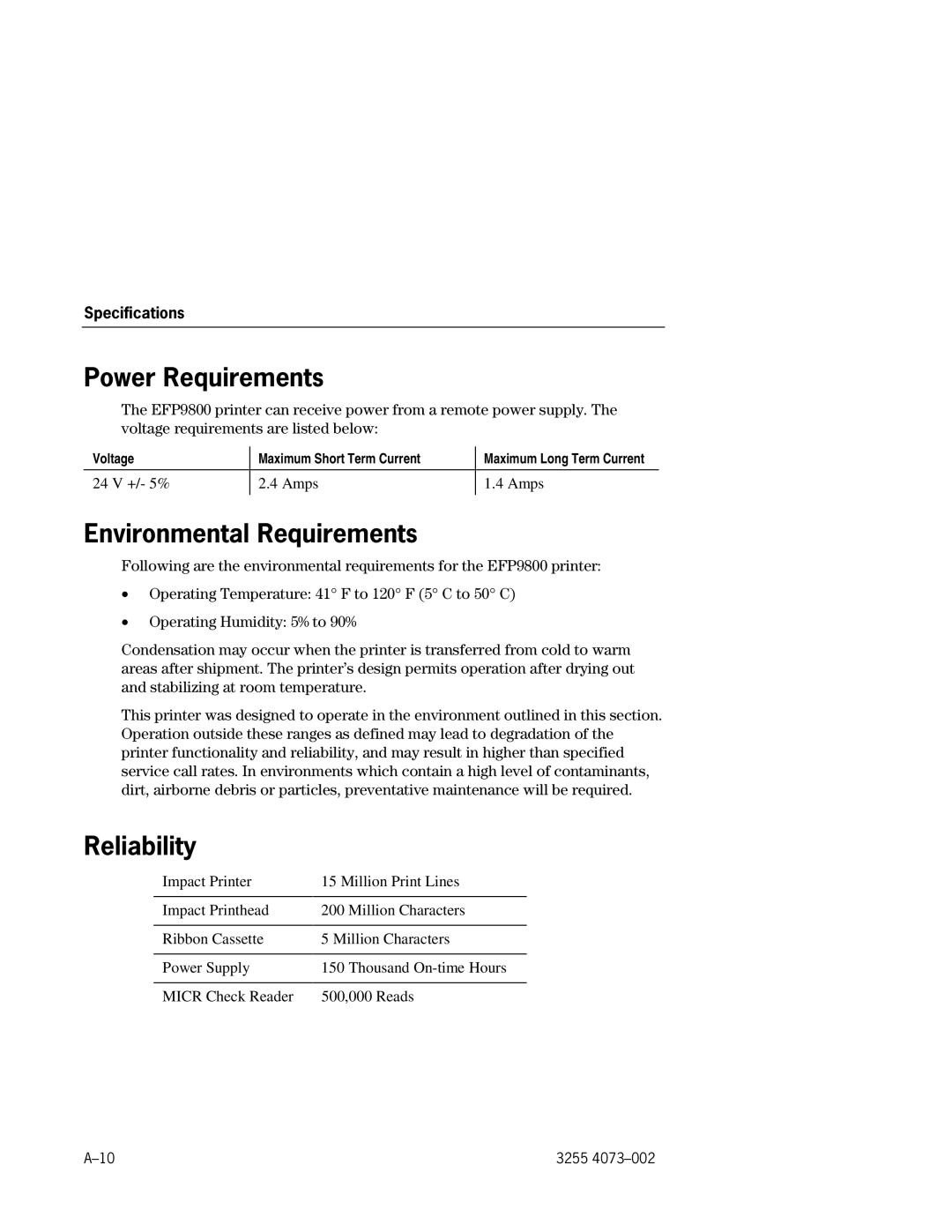 Unisys EFP9800 manual Power Requirements, Environmental Requirements, Reliability 