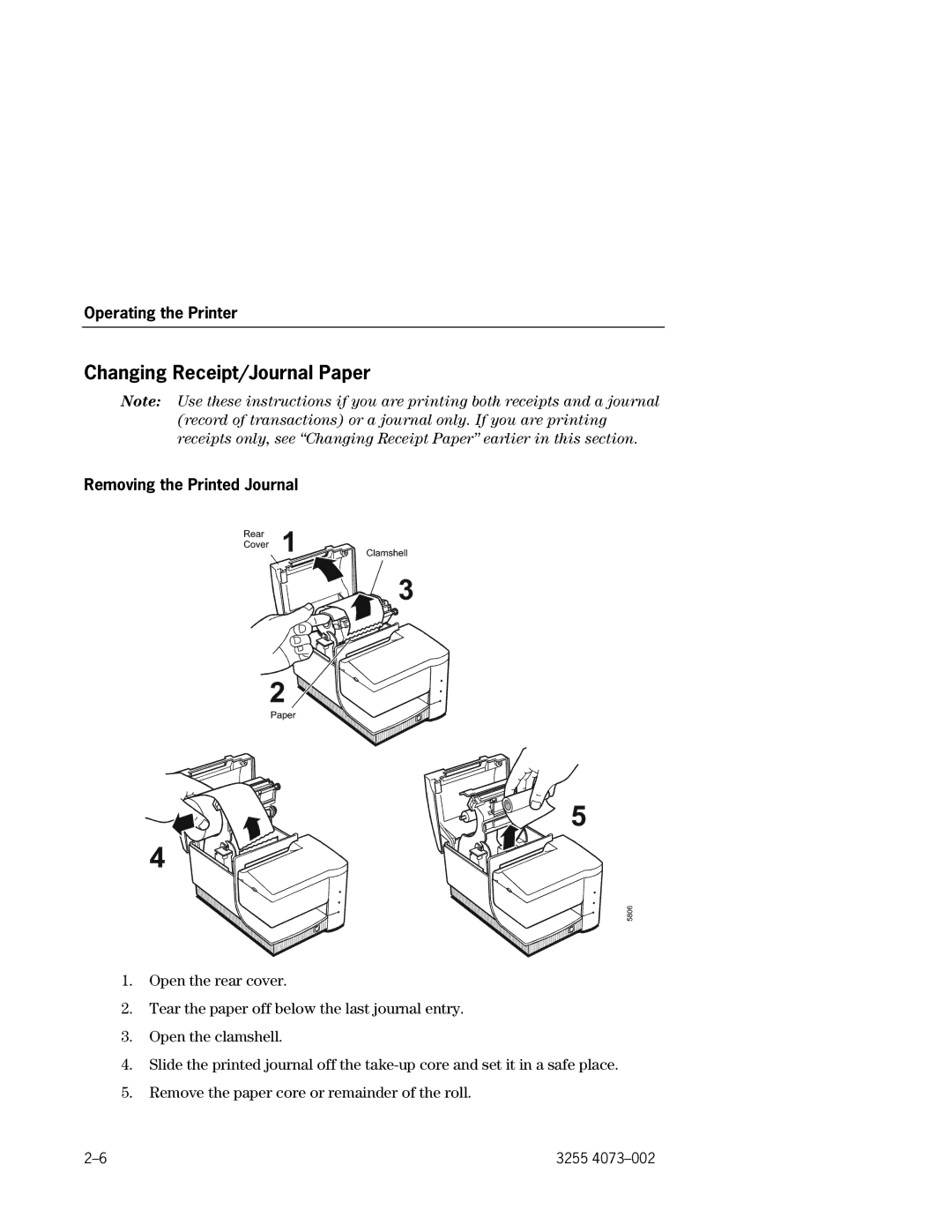 Unisys EFP9800 manual Changing Receipt/Journal Paper, Removing the Printed Journal 