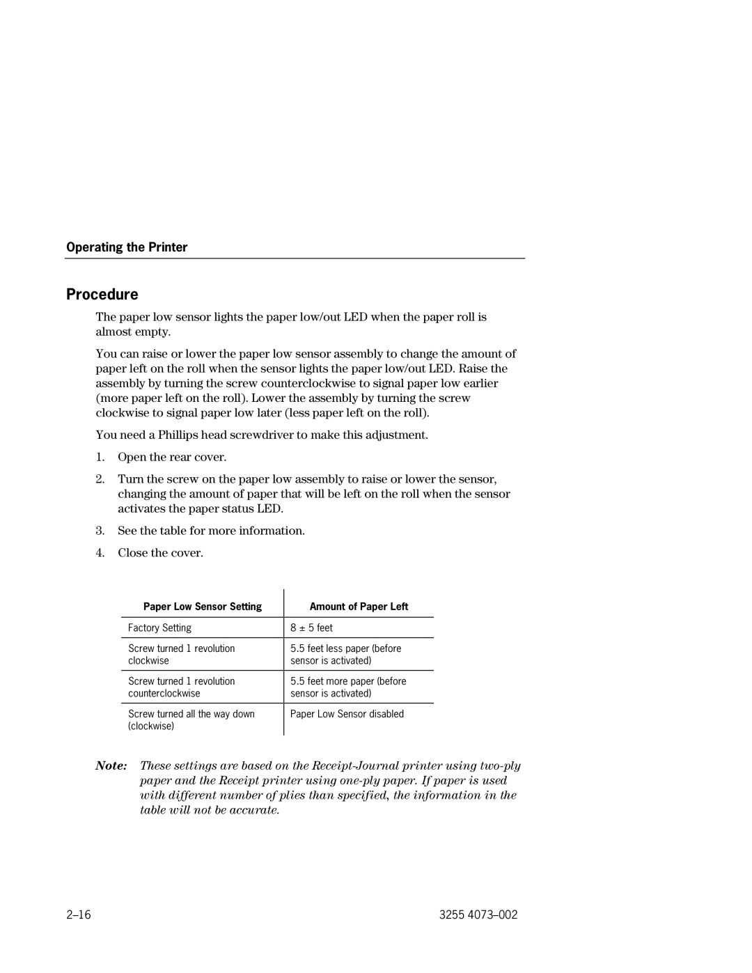 Unisys EFP9800 manual Procedure, Paper Low Sensor Setting 