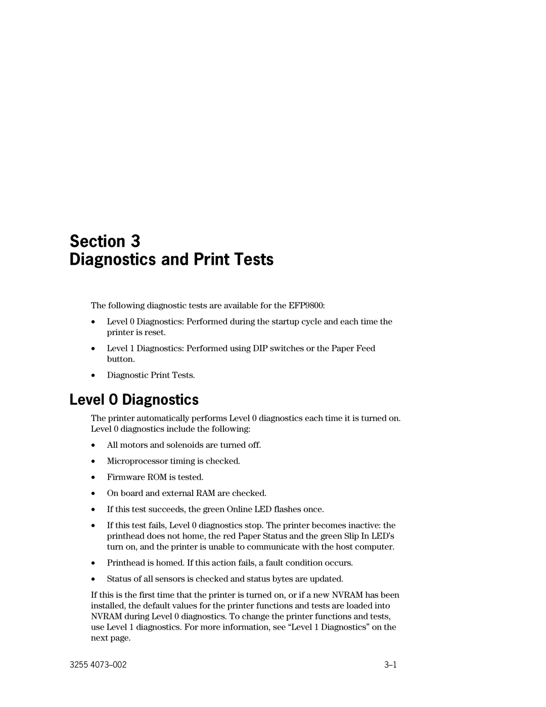 Unisys EFP9800 manual Section Diagnostics and Print Tests, Level 0 Diagnostics 