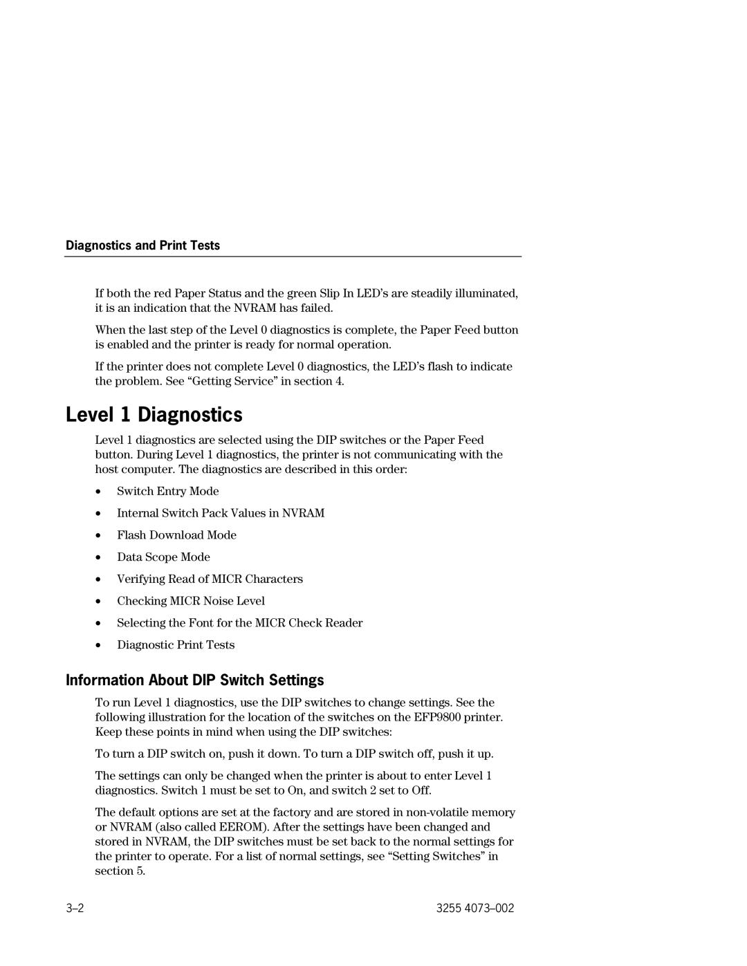 Unisys EFP9800 manual Level 1 Diagnostics, Information About DIP Switch Settings 