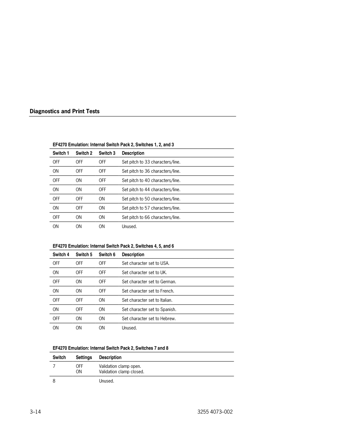 Unisys EFP9800 manual EF4270 Emulation Internal Switch Pack 2, Switches 1, 2 