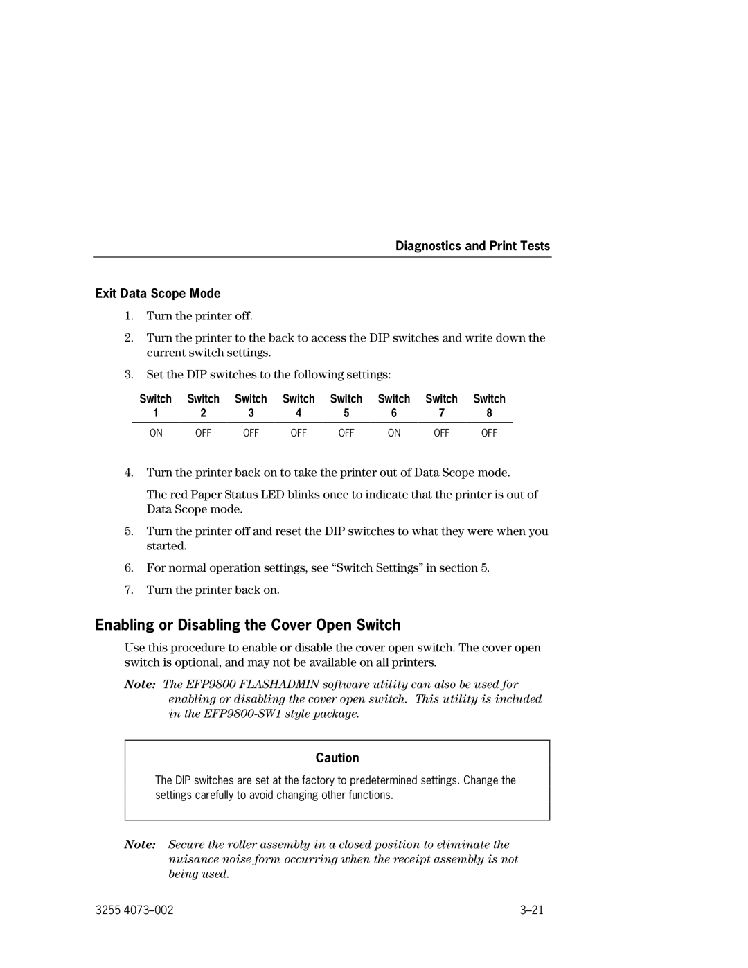 Unisys EFP9800 manual Enabling or Disabling the Cover Open Switch, Diagnostics and Print Tests Exit Data Scope Mode 