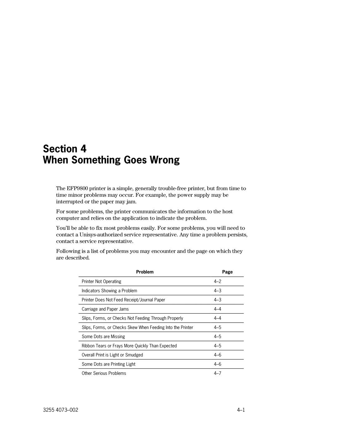 Unisys EFP9800 manual Section When Something Goes Wrong 