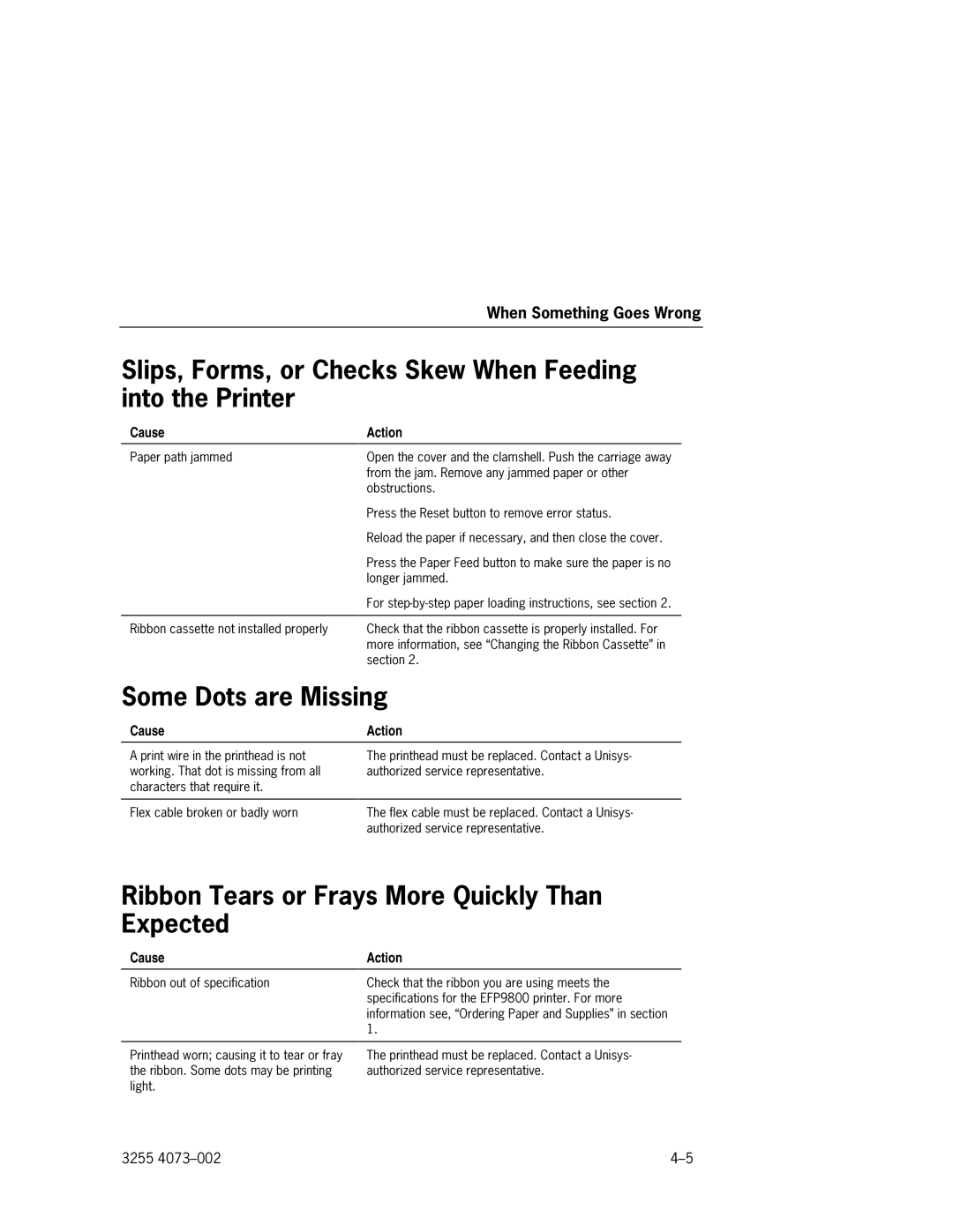 Unisys EFP9800 manual Slips, Forms, or Checks Skew When Feeding into the Printer, Some Dots are Missing 