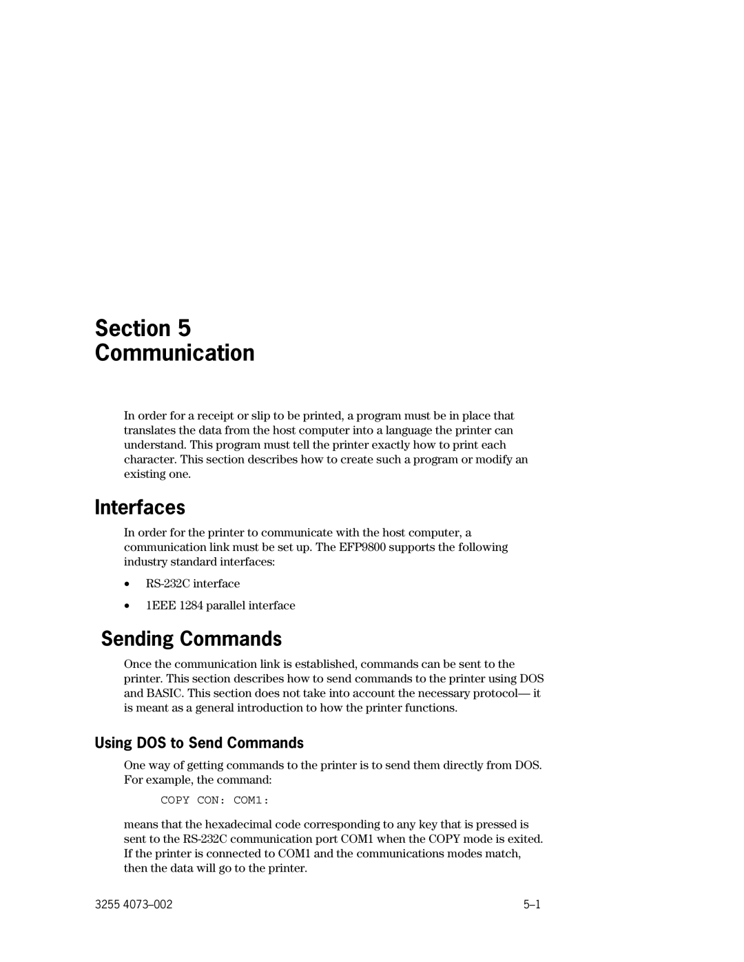 Unisys EFP9800 manual Interfaces, Sending Commands, Using DOS to Send Commands 