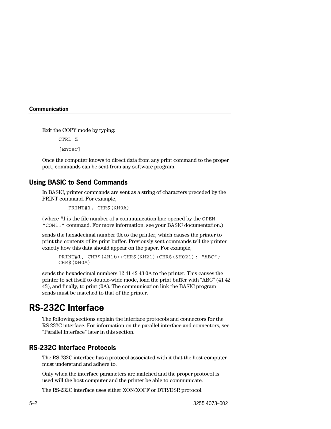 Unisys EFP9800 manual Using Basic to Send Commands, RS-232C Interface Protocols 