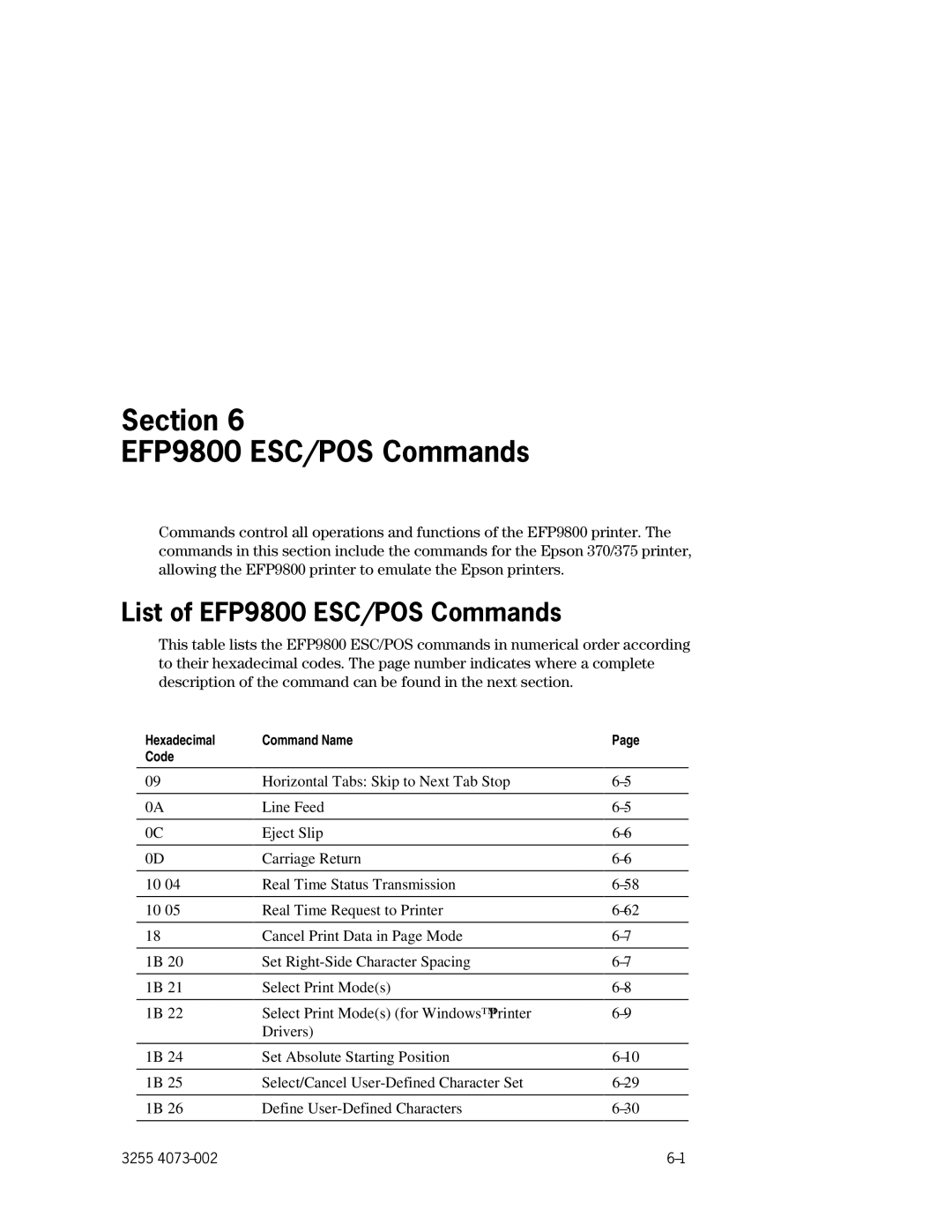 Unisys manual List of EFP9800 ESC/POS Commands, Hexadecimal Command Name Code 