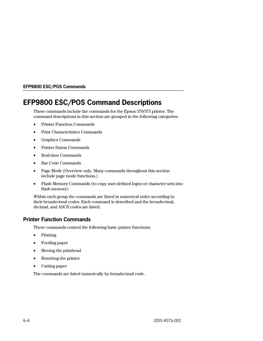 Unisys manual EFP9800 ESC/POS Command Descriptions, Printer Function Commands 