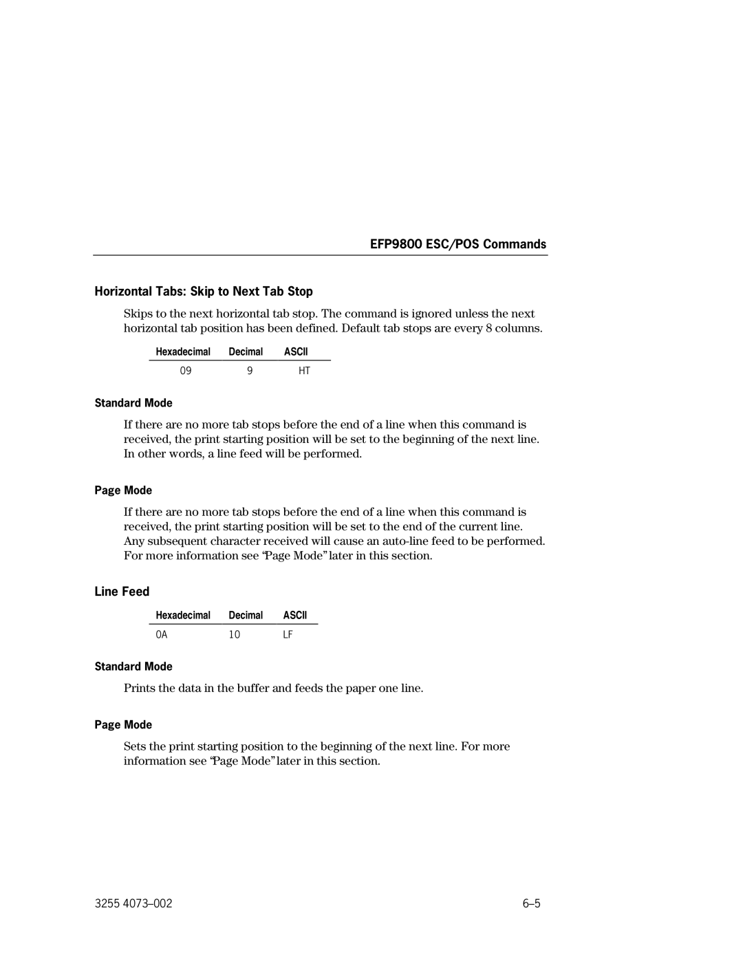 Unisys EFP9800 manual Line Feed, Hexadecimal Decimal Ascii Standard Mode 