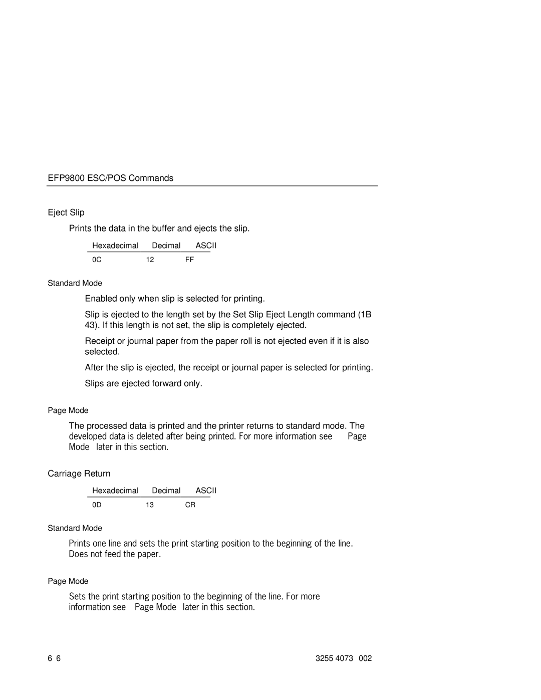 Unisys manual EFP9800 ESC/POS Commands Eject Slip, Carriage Return 