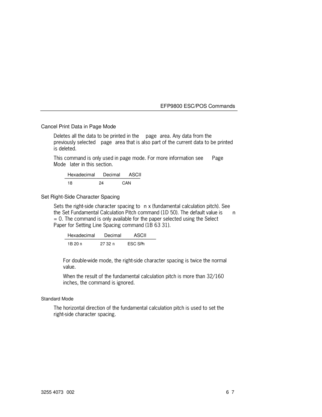 Unisys manual EFP9800 ESC/POS Commands Cancel Print Data in Page Mode, Set Right-Side Character Spacing 