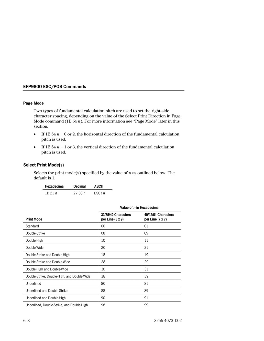 Unisys EFP9800 manual Select Print Modes, Hexadecimal Decimal, Value of n in Hexadecimal, 33/35/42 Characters 