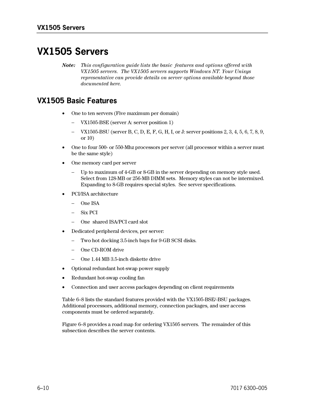 Unisys NX5820 manual VX1505 Servers, VX1505 Basic Features 