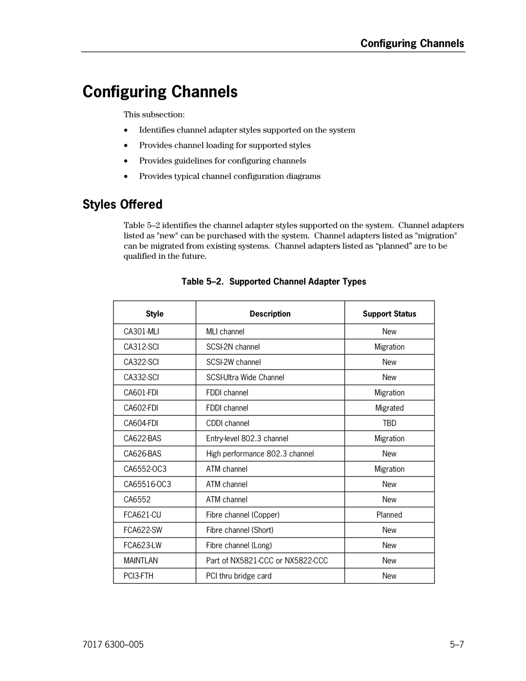 Unisys NX5820 Configuring Channels, Styles Offered, Supported Channel Adapter Types, Style Description Support Status 