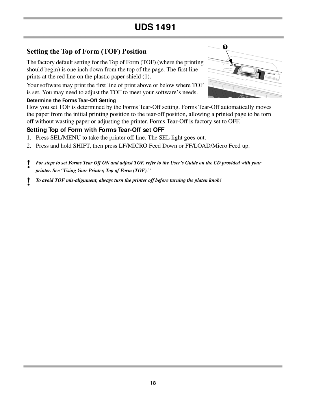 Unisys UDS 1491 setup guide Setting the Top of Form TOF Position 